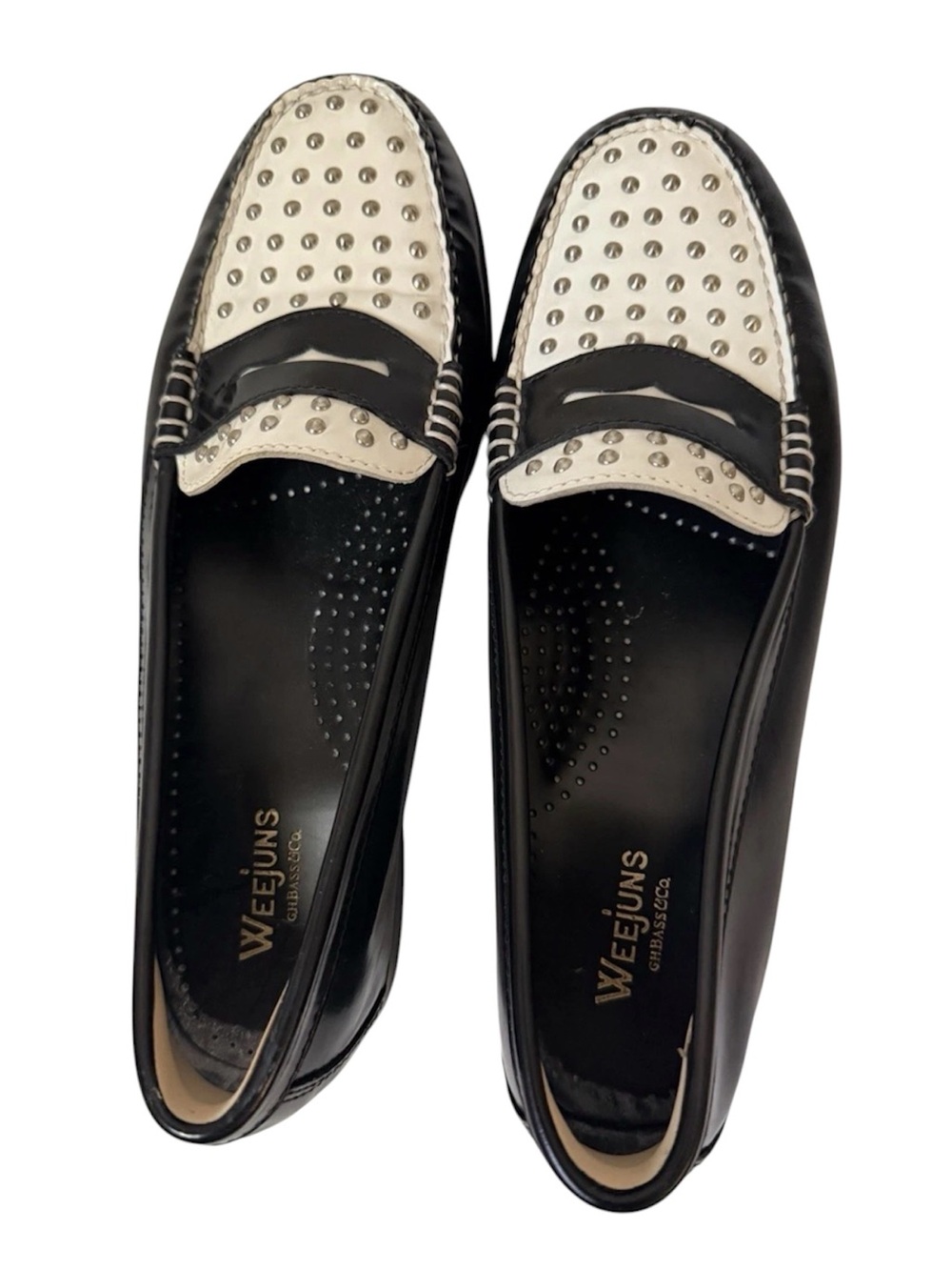 G.H. Bass Weejuns Wayfarer V Studded Black & White Leather Penny Loafers – Rare